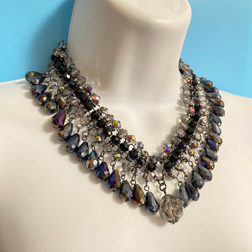 CHICO'S Heavy Glass Beads Iridescent Statement Necklace 16"-20" Stunning Sparkle